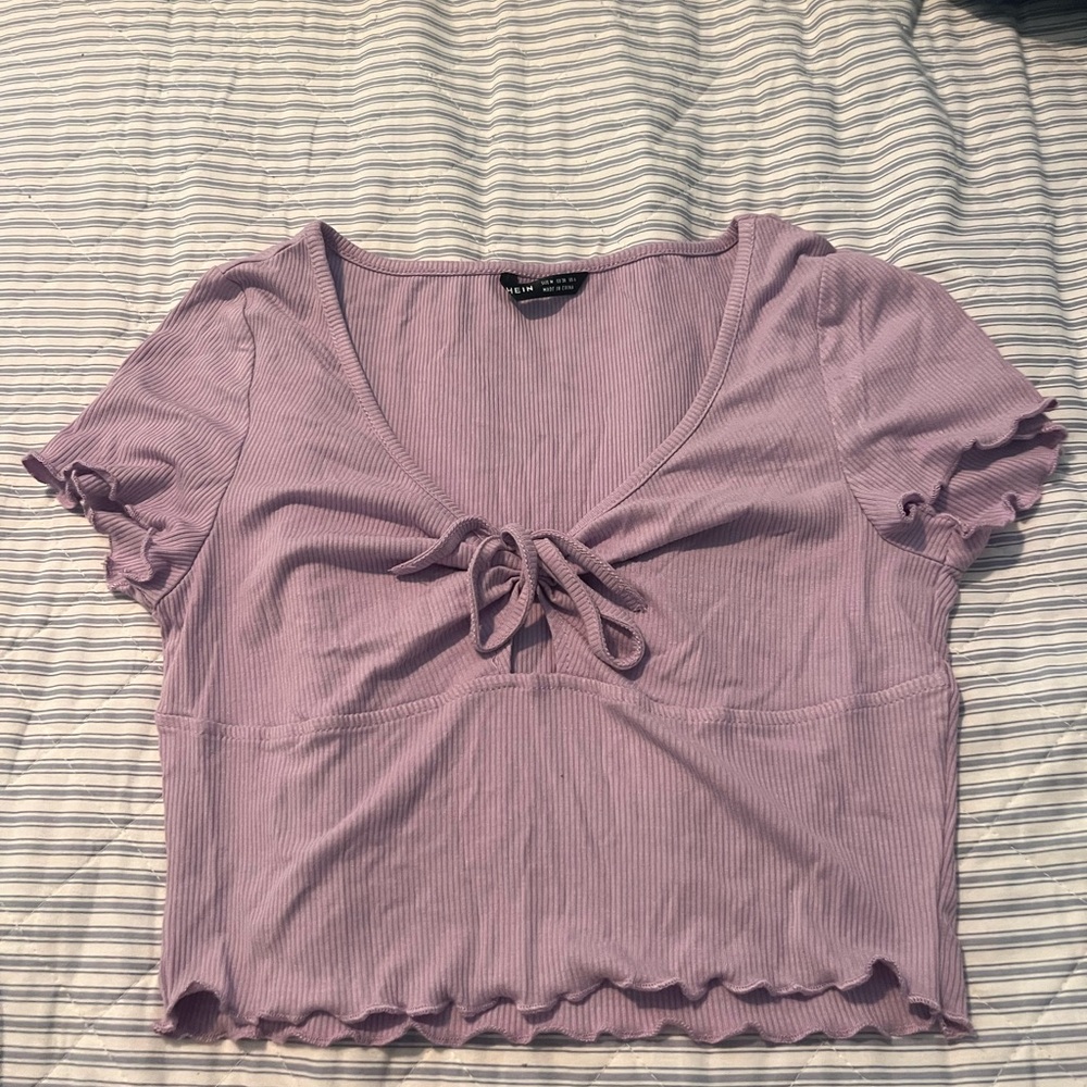 Romwe Purple Lettuce Trim Tie Front Crop Top
